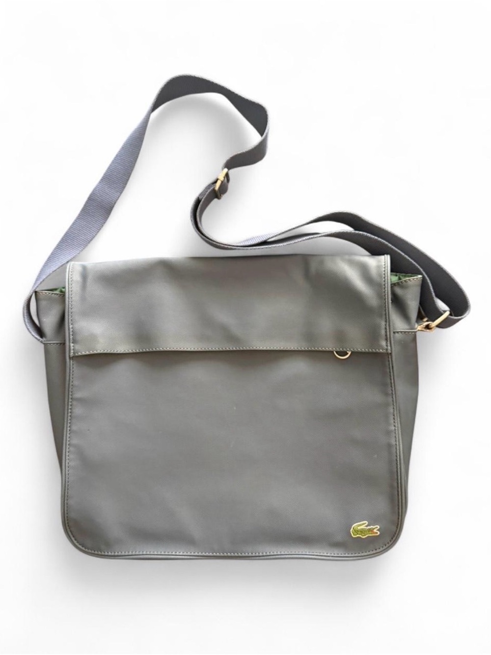 LACOSTE navy blue messenger bag. Looks gray in photos, it’s a navy coated canvas